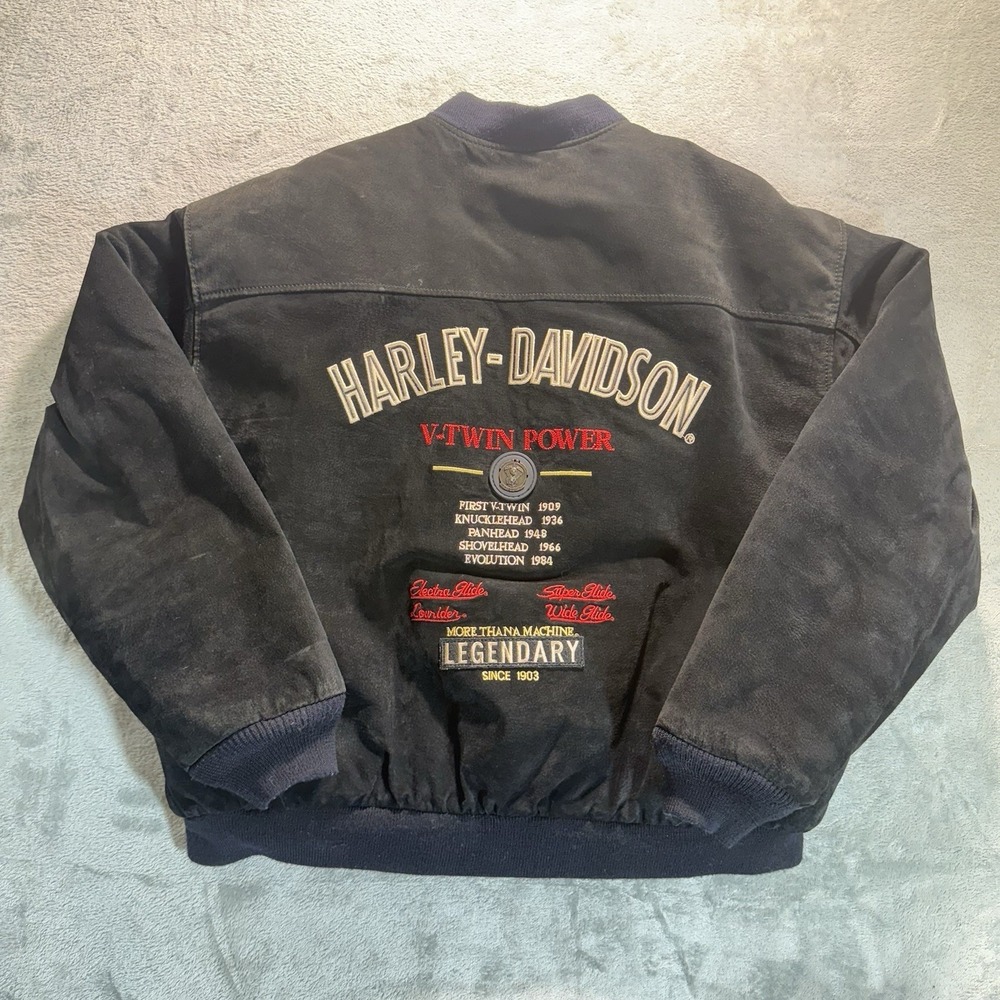 Harley-Davidson Suede Bomber Jacket V-Twin Power Patch Black XXL Vintage
